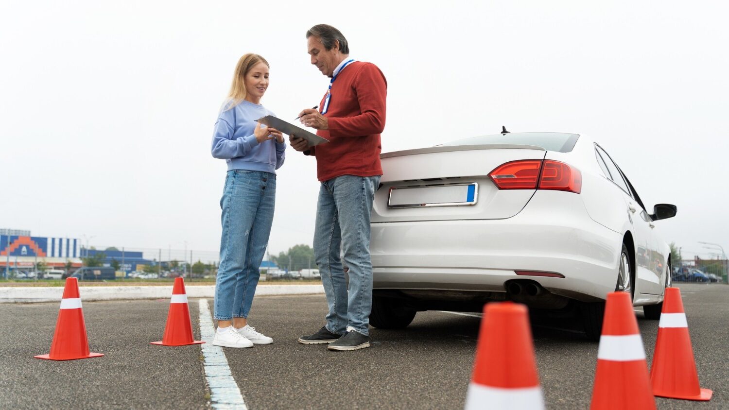 Rijexaminator bespreekt examen met kandidaat naast auto op oefenterrein, passend bij BNOR-examen en persoonlijke begeleiding