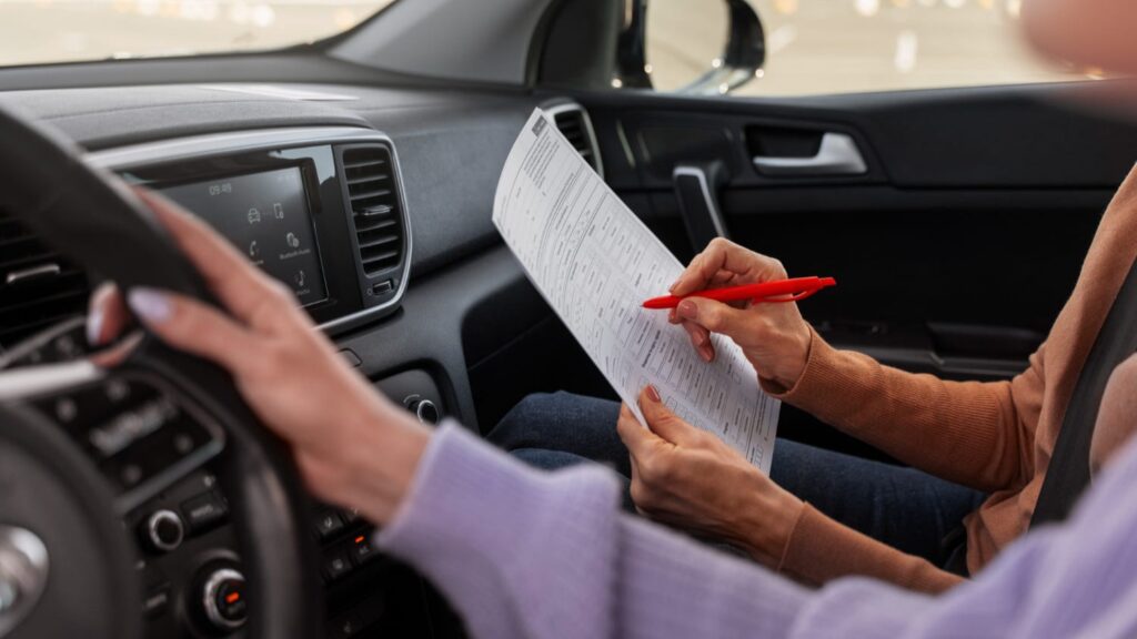 Examinerende instructeur vult formulier in tijdens praktijkles, gekoppeld aan extra tijd theorie-examen.
