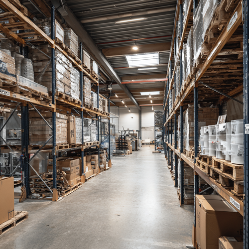 Groot magazijn met hoge stellingen vol dozen en goederen in lange gang