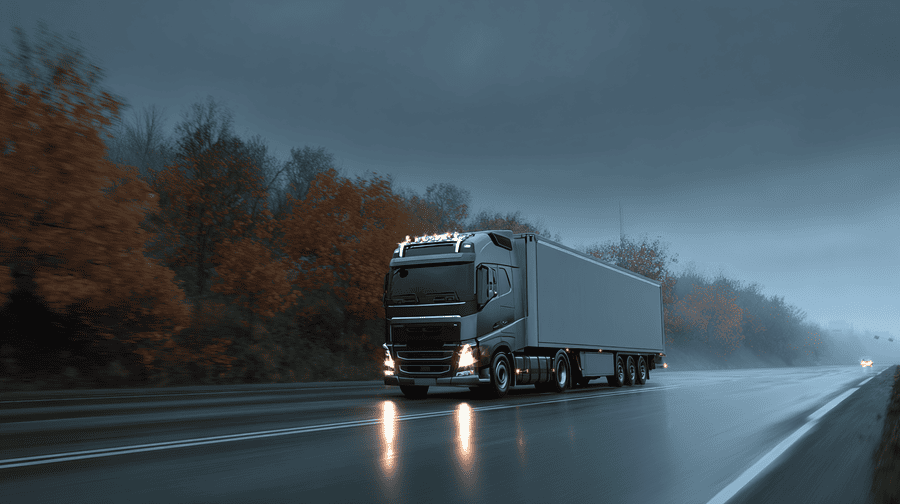 vrachtwagen op nat wegdek