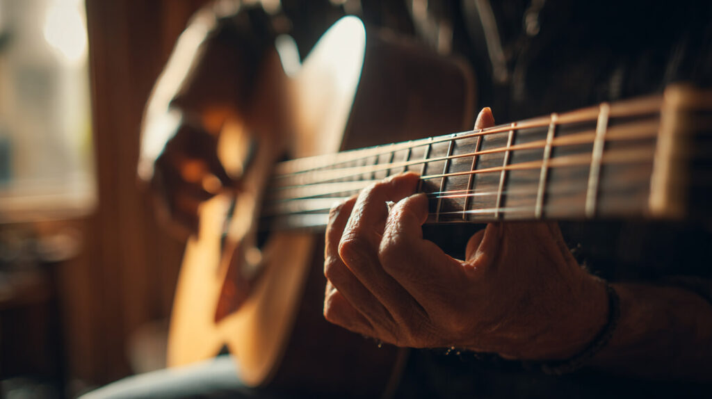 Gitarist test het speelgevoel na een nieuwe afstelling van het instrument