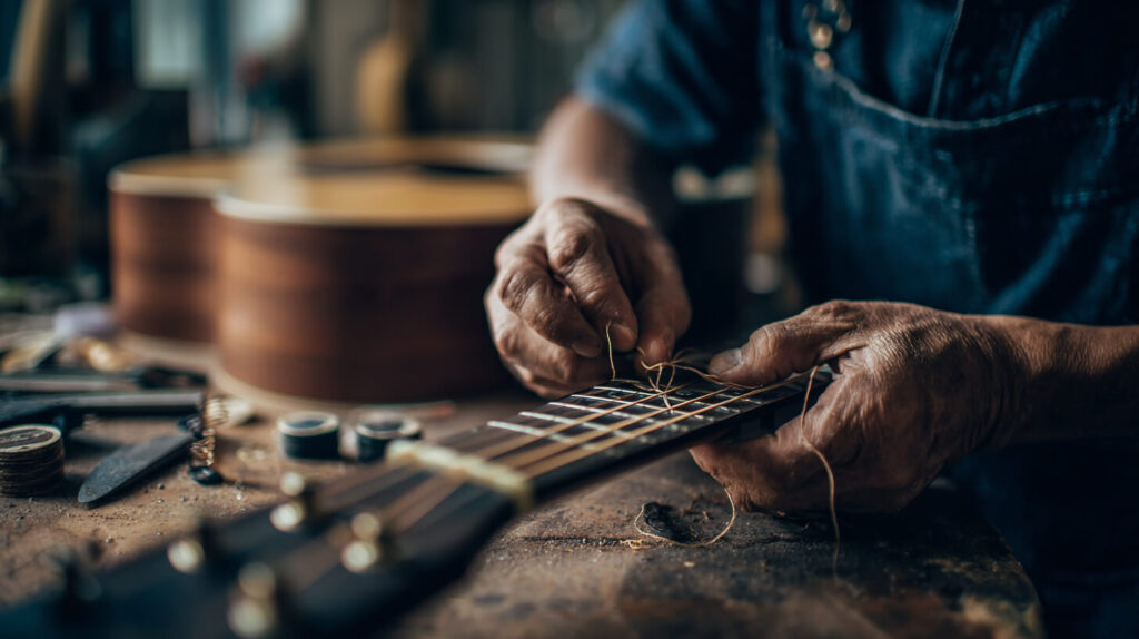 Technicus controleert snaren en hals tijdens een nieuwe afstelling van een gitaar