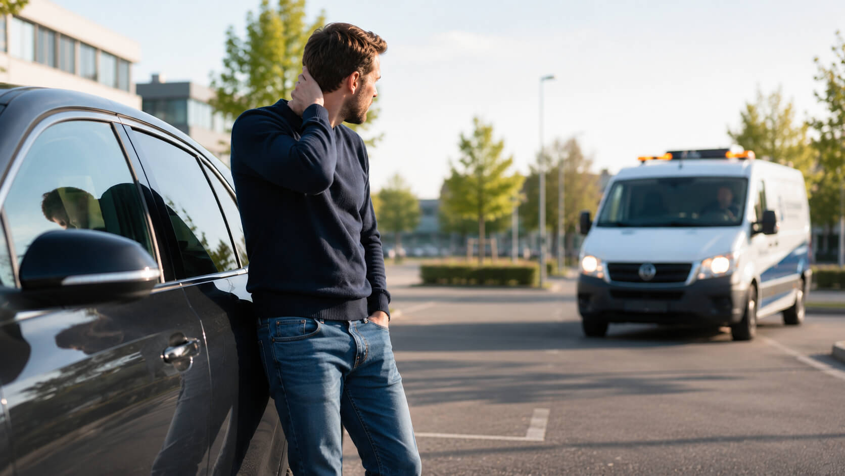 Automobilist wacht naast zijn auto terwijl wijzigingen voor een tweede bestuurder worden geregeld.