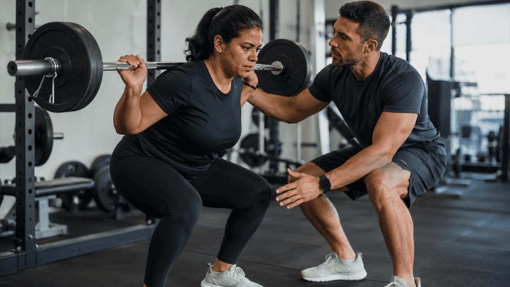 personal trainer helpt vrouw met het uitvoeren van de oefening