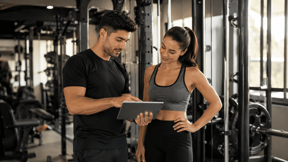personal trainer laat meisje op tablet zien hoe je de oefening uitvoert
