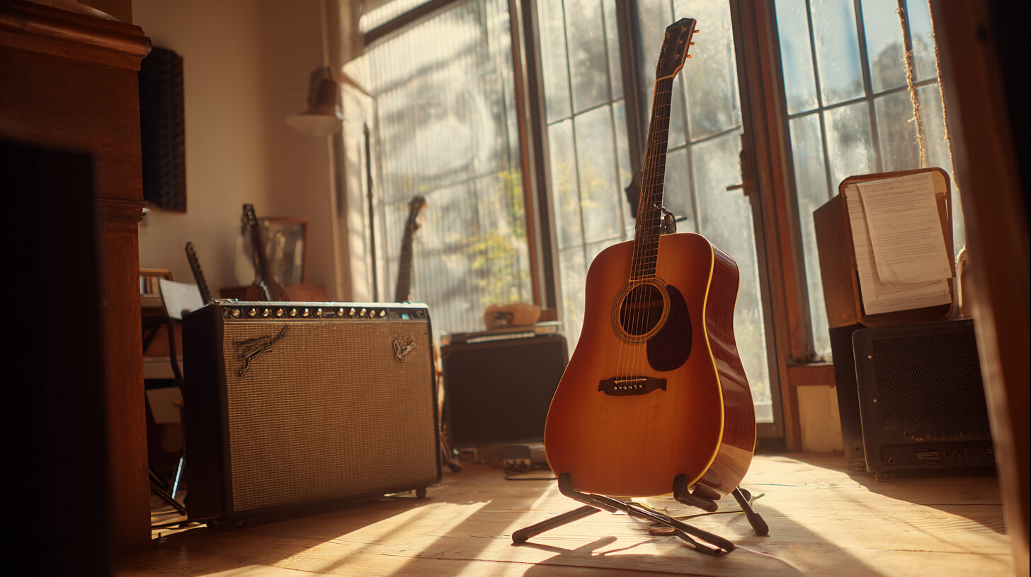 Akoestische gitaar in oefenruimte die mogelijk toe is aan een nieuwe afstelling voor optimaal speelcomfort