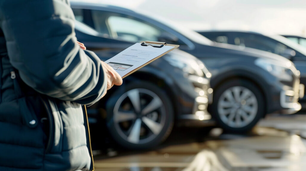 Persoon controleert documenten bij geparkeerde auto's voor het aanmelden van een tweede bestuurder.