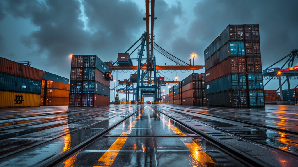 Containeroverslag bij een havenkraan tijdens een regenachtige avond met verlichte laadsporen