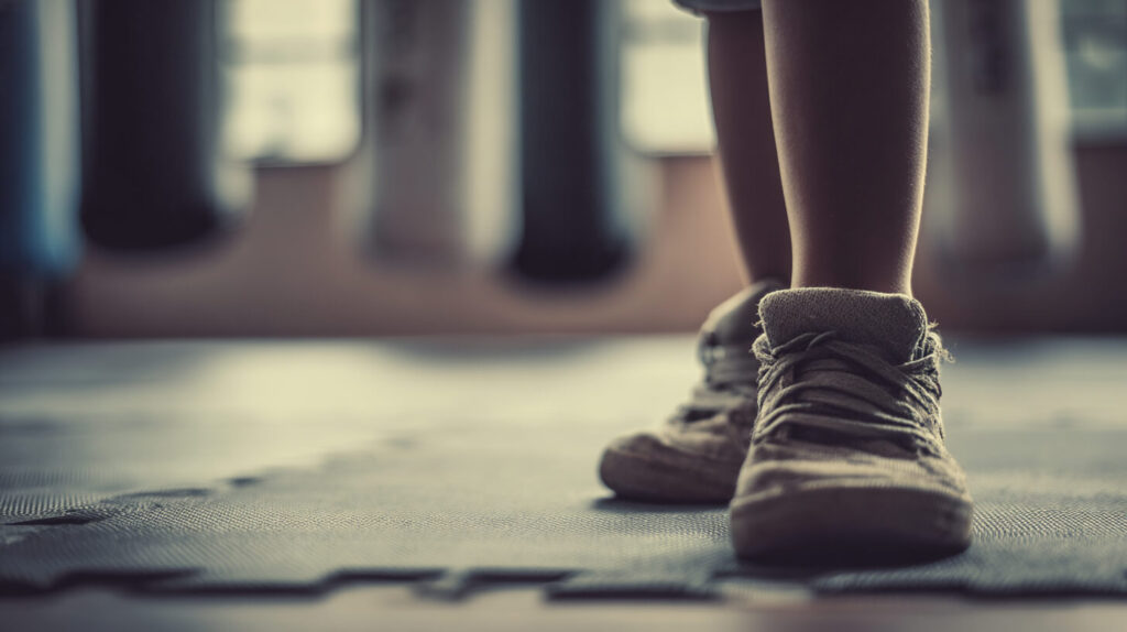 Close-up van de sneakers en benen van een kind in kickboksstance op een sportmat in een kickboksschool