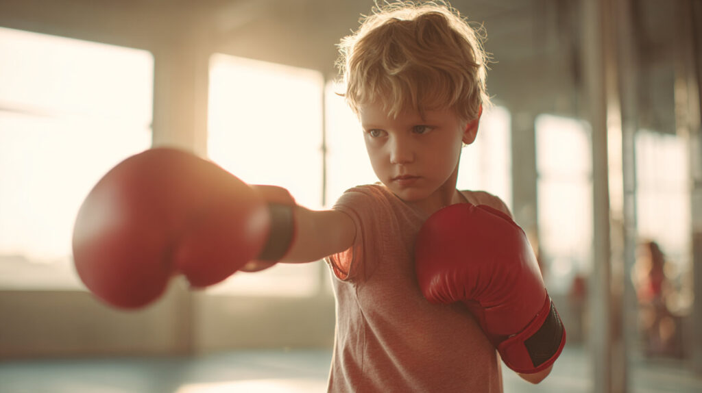 Jonge jongen met rode bokshandschoenen die een stoot oefent tijdens een kickbokstraining voor kinderen