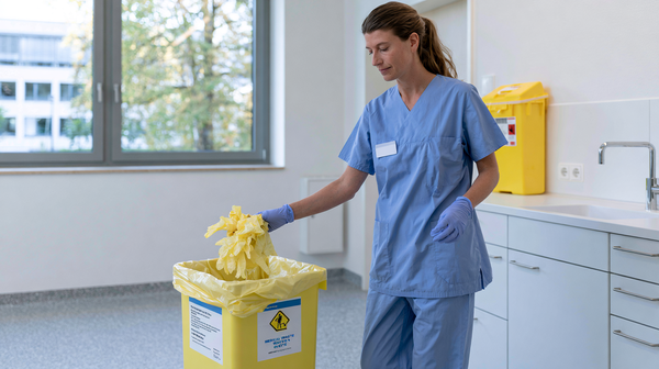 Medewerker scheidt medisch afval in een zorgpraktijk