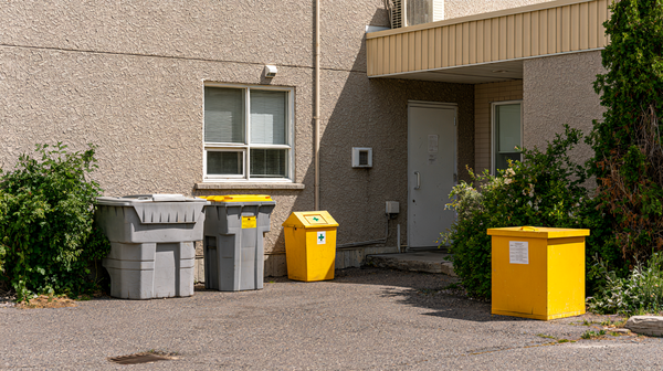 Verschillende containers voor gescheiden afval bij een zorgpraktijk
