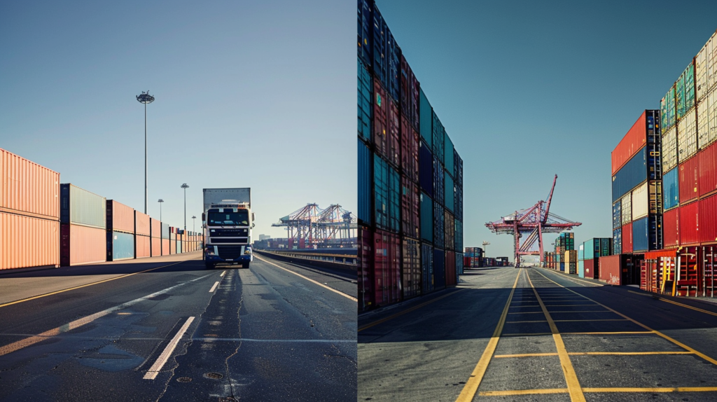 Vrachtwagen op weg naar een containerterminal met stapels containers en laadkranen op de achtergrond