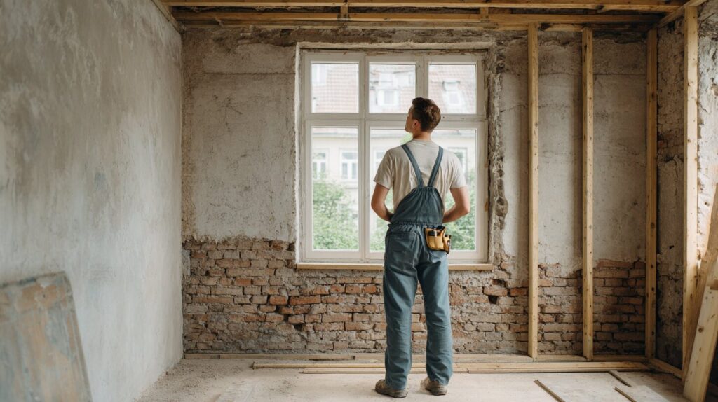 Bouwvakker in overall inspecteert een casco ruimte met blootgelegd metselwerk en houten balkconstructie tijdens een verbouwing