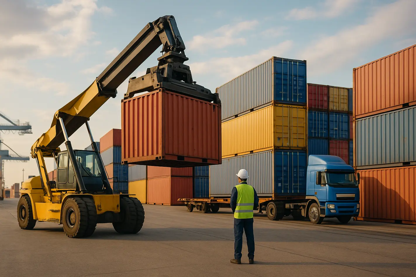 Haven met portaalkraan die containers overslaat bij overslagbedrijf