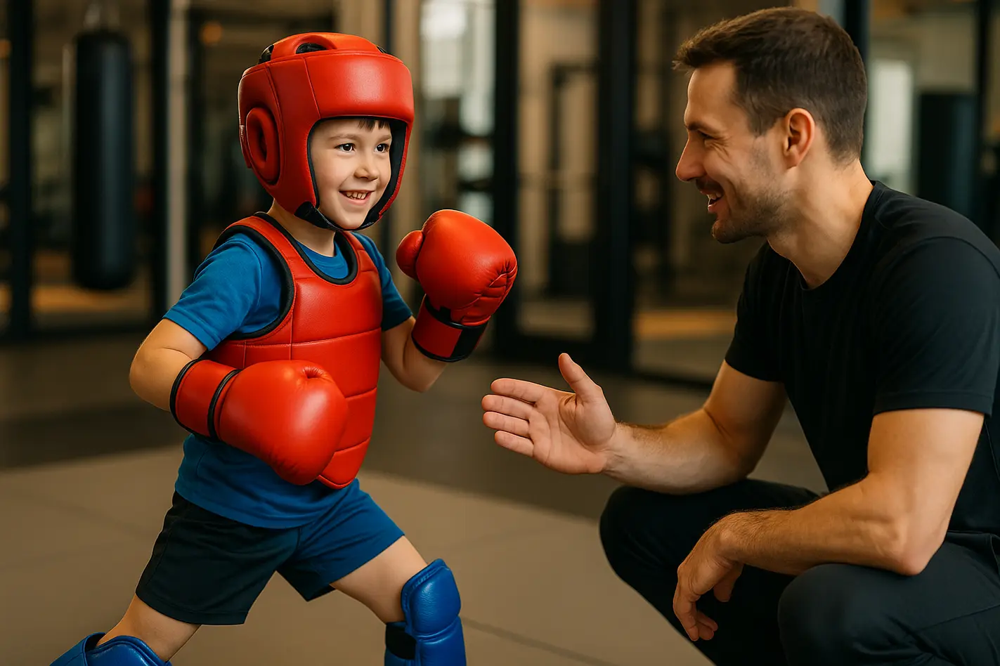 Jong kickbokser in sportschool, beschermingsuitrusting, trainer begeleidt veilig
