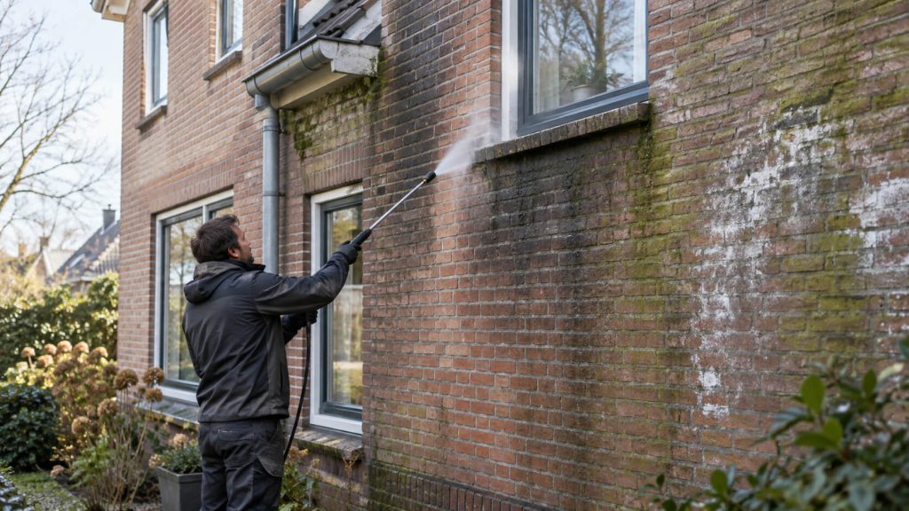 Vakman verwijdert groene aanslag en witte uitbloei van bakstenen gevel met hogedrukreiniger