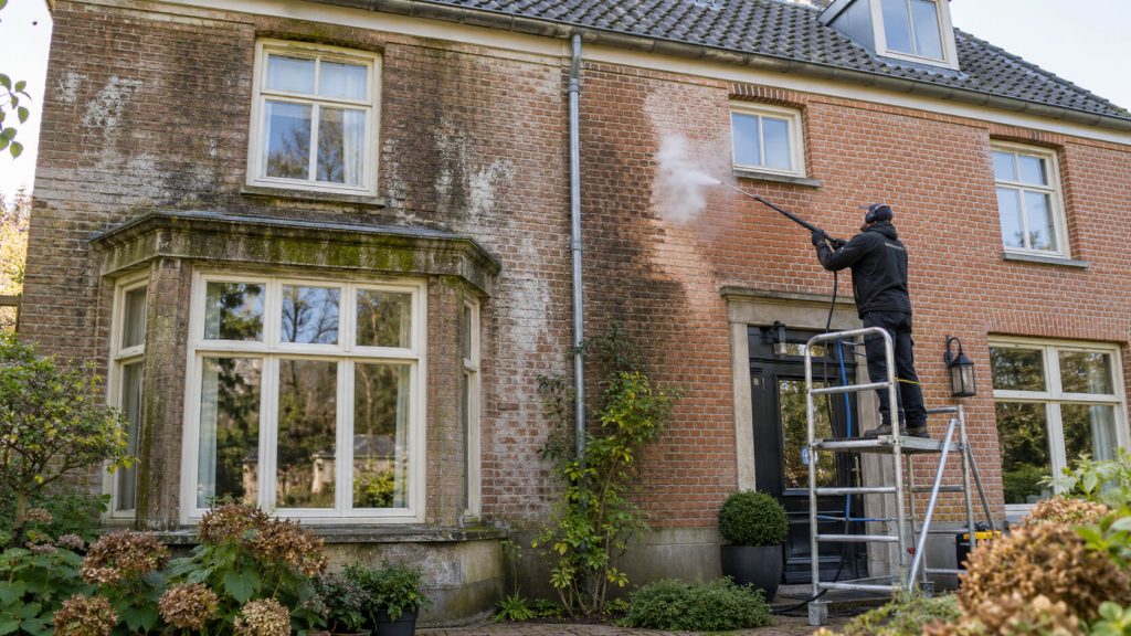 Specialist reinigt bemoste bakstenen gevel van statig huis vanaf een rolsteiger