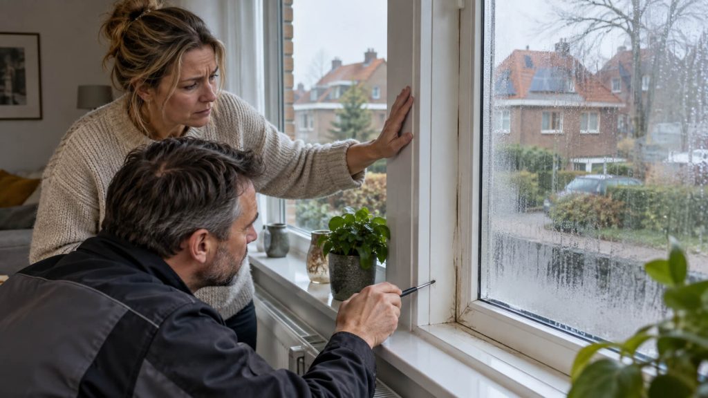 Monteur bekijkt met bewoonster vochtplekken en schade rond een kunststof kozijn tijdens een regenachtige dag