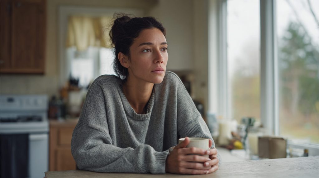 Vrouw leunt alleen aan het aanrecht met een mok koffie en staart peinzend uit het keukenraam