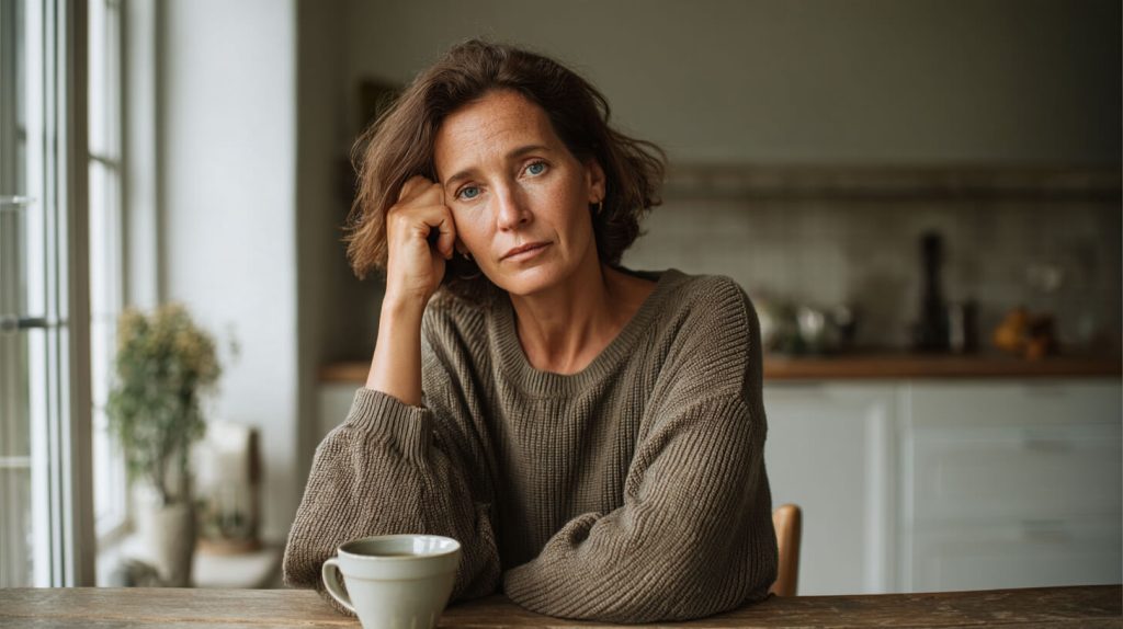Uitgeputte vrouw leunt met haar hoofd op haar hand aan de keukentafel, koffie voor zich, zorgen om mantelzorg zichtbaar in haar blik