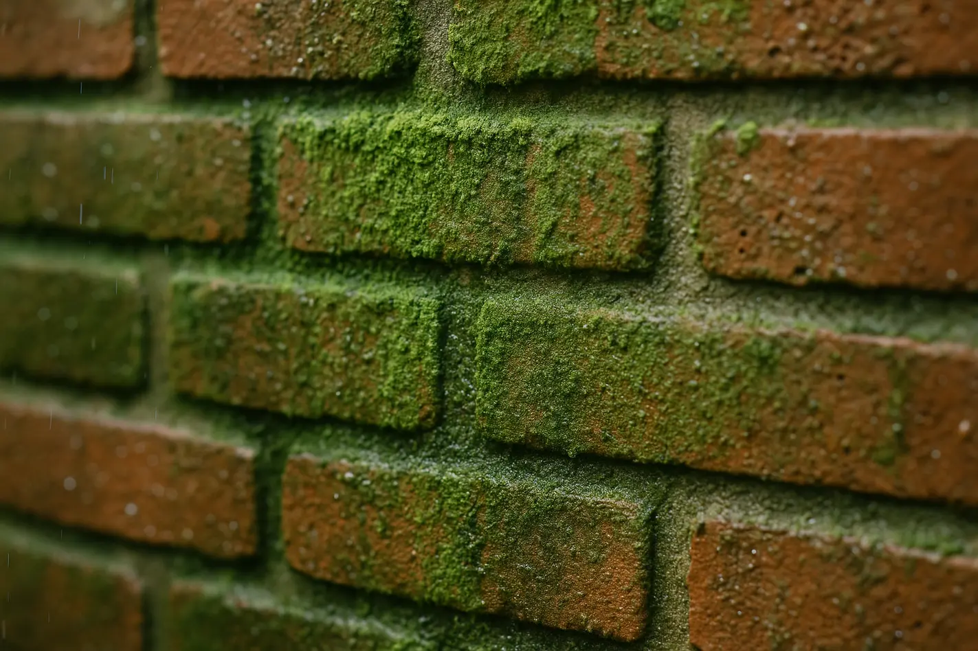 Bakstenen gevel met groene aanslag, mos en gevelreiniging vervuiling