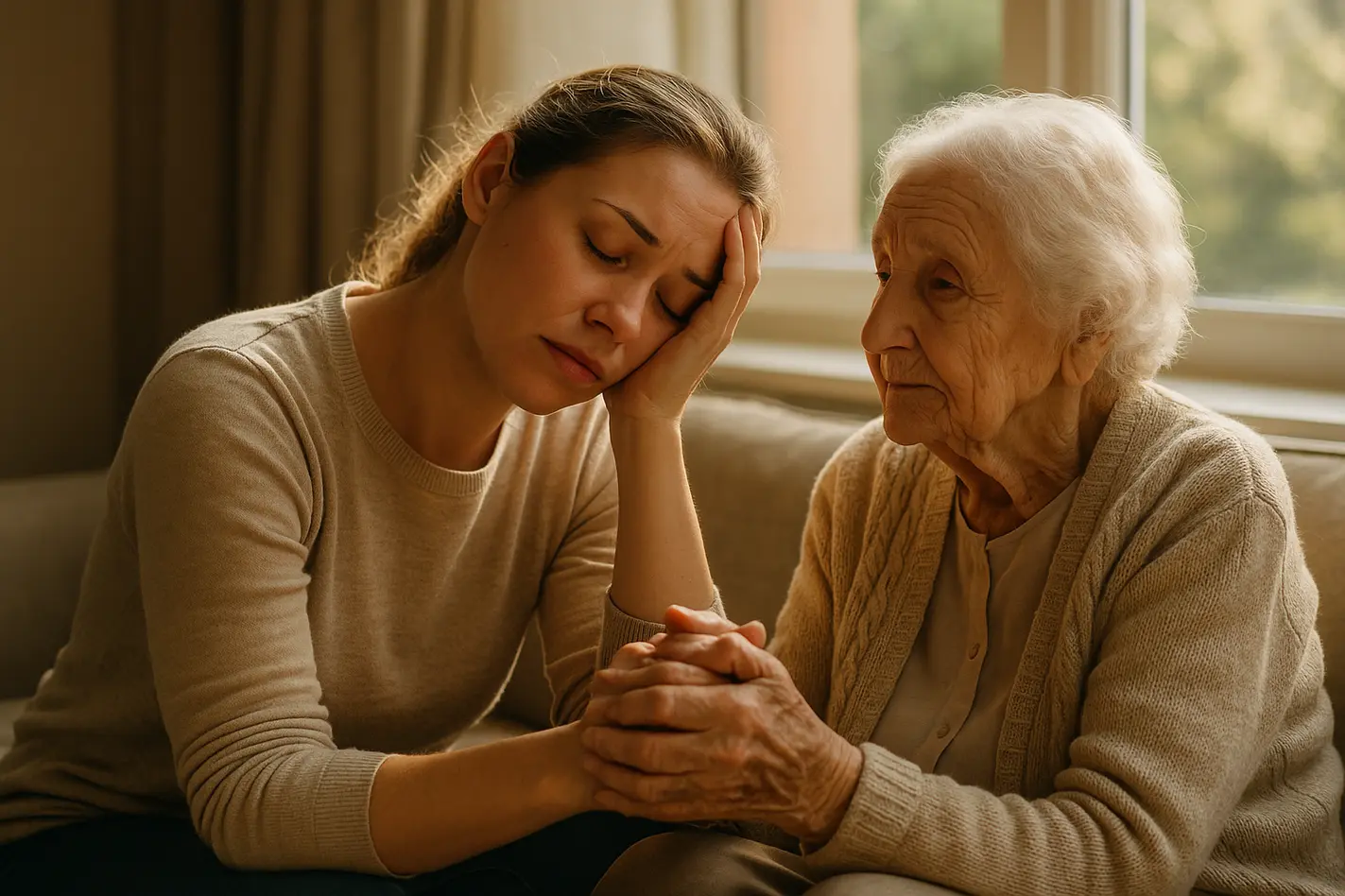 Vermoeide mantelzorger met mantelzorg hulp erbij, hand in hand met ouder