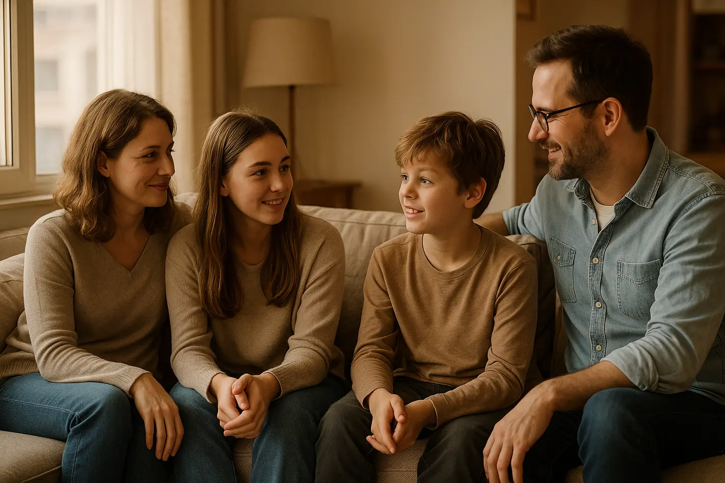 Familie zit samen in gezellige kamer, ontspannen en verbonden zonder vastzittend gevoel.