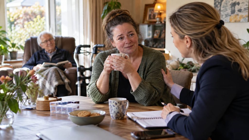 Mantelzorger in gesprek met een zorgconsulent aan tafel, met een oudere man op de achtergrond, terwijl ondersteuning voor de zorgsituatie wordt besproken