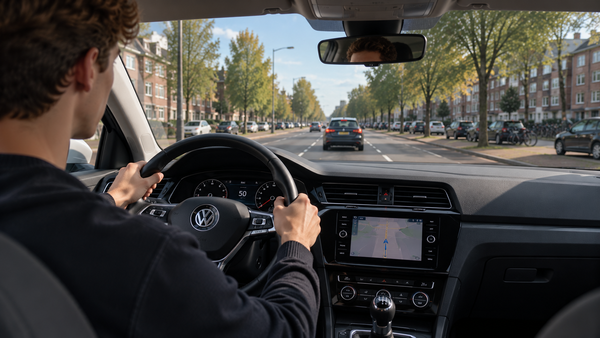 autorit door stadsstraat met volkswagen