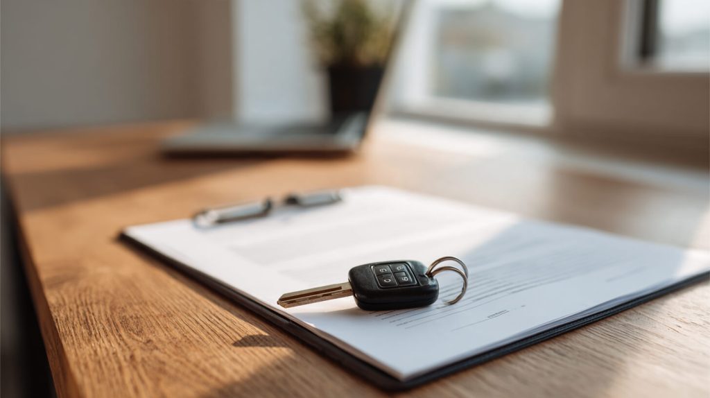 Autosleutel ligt op een contractdocument op een houten bureau bij een raam, met een laptop onscherp op de achtergrond