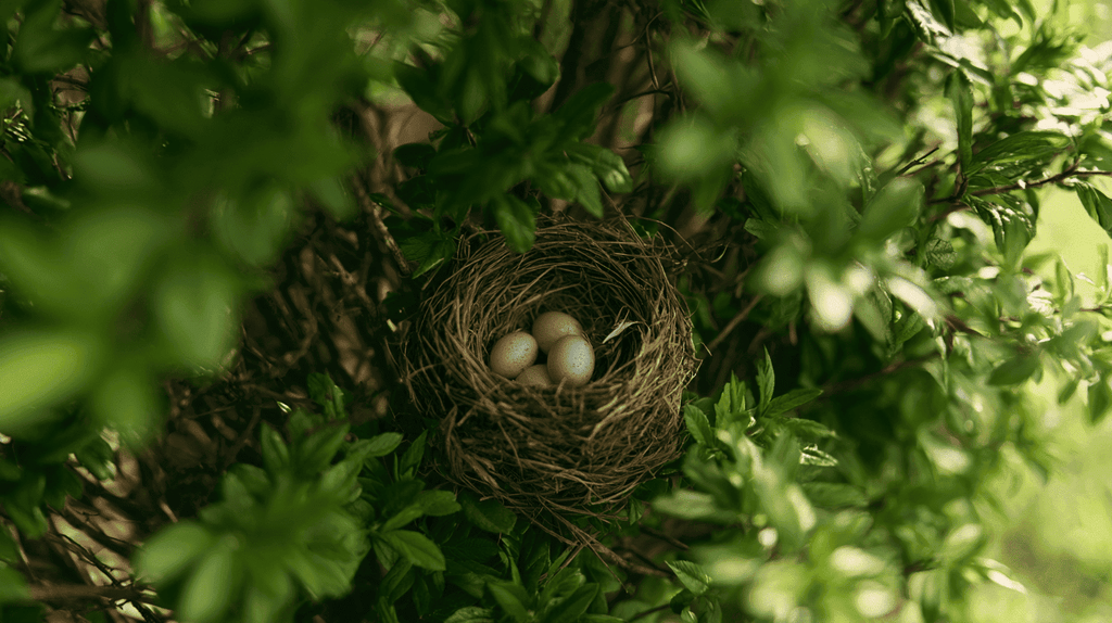 Vogelnest met eieren verscholen in een dichte groene haag in het voorjaar