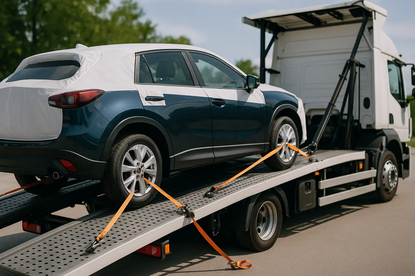 Auto wordt voorzichtig geladen op transportwagen met autotransport verzekering.